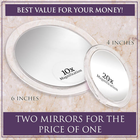 MIRRORVANA 20X & 10X Magnifying Mirror Set with 3 Suction Cups Each - Compact & Travel Ready Mirror for Makeup - Sizes: 6" and 4" Wide...