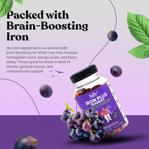 Iron Gummies Supplements for Adults (Women, Men) and Kids – Grape Flavor- Supports Anemia, Energy and Focus Levels – 100 Count...