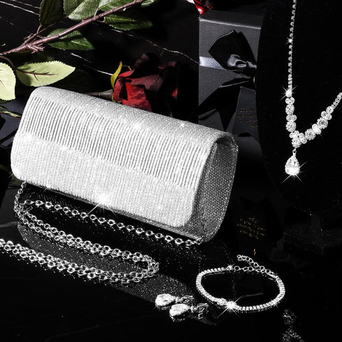 4 Pieces Rhinestone Jewelry Set with Purse for Women Sliver Bling Prom Crystal Jewelry Set With Glitter Rhinestone Necklace Choker Bangle Dangle E...