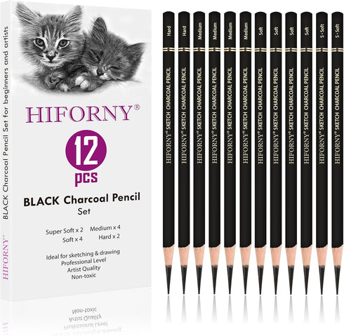12 Pieces Charcoal Pencils Drawing Set - Super Soft,Soft,Medium and Hard Charcoal Pencils for Drawing,Sketching,Shading,Blending,Portrait...