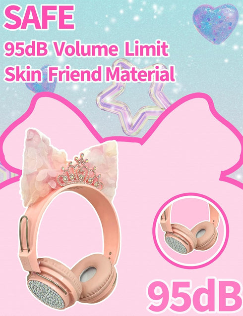 Priness Wired Kids Headphones with Mic for School/Travel,95dB Volume Limited,Shareport,On/Over Ear Bow Headsets with Nylon Cable-(Rose-Crown)...