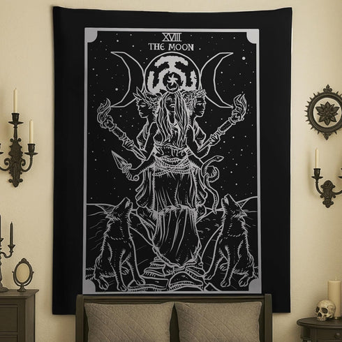 The Goddess Hecate Tarot Card Tapestry (Black & White) - Triple Moon Goddess of Witchcraft Hekate Wheel Pagan Witch Wall Hanging (60" x 50")...