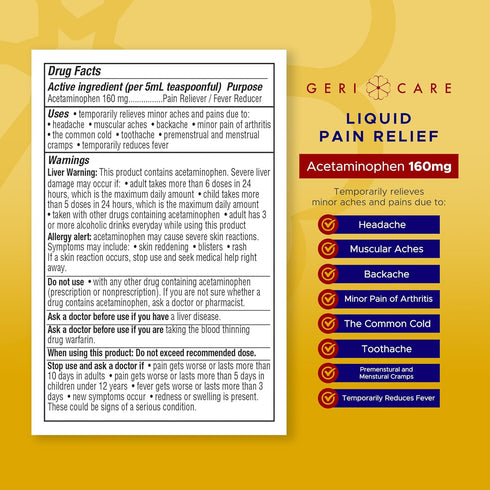 GeriCare Acetaminophen 160 mg Cherry Flavored Liquid, 16 Oz (Pack of 2)...