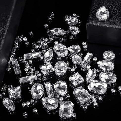 Dilunave 240 Pieces Large Sew on Rhinestones Clear Glass Crystal Gems Diamond Stone Metal Back Prong Setting Crafts Mix Shapes Claw for Jewelry, C...