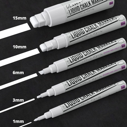 Kassa 5-Pack White Chalk Markers | Includes 1mm, 3mm, 6mm, 10mm & 15mm Tips | Works on Chalkboards, Windows & Glass | Erasable, Dust-Free & Washab...