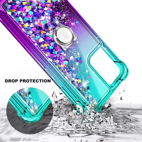 NZND Compatible with T-Mobile REVVL 6 Pro 5G / REVVL 6X Pro 5G Case with Tempered Glass Screen Protector, Ring Holder/Wrist Strap, Glitter Liquid ...