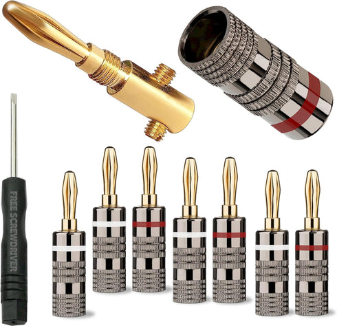 Banana Plugs 4 Pairs / 8 pcs (4 White/4 Red), 2 Set Screws, 24K Gold Plated Speaker Plug Connectors for Speaker Wire, Home Theater, A/V Amplifiers...