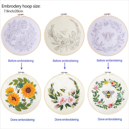 3 Sets of Full Range Embroidery Kits for Adults, Stamped Embroidery kit Include Stamped Embroidery Cloth with Floral Pattern, Embroidery Hoops, Co...