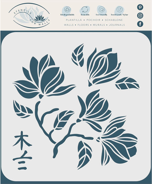Stencils for Walls: Magnolia Stencil, 8.5 x 8.5 inch (M) - Classic Flower Floral Ancient Tree Stencils for Painting Template...
