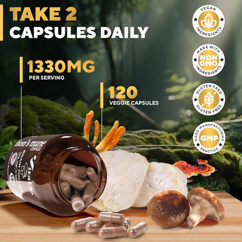 Lions Mane Supplement Capsules - USA Made Lion's Mane Mushroom Complex 1330mg - Mushroom Supplement with Cordyceps, Shiitake, Reishi - Brain Suppl...