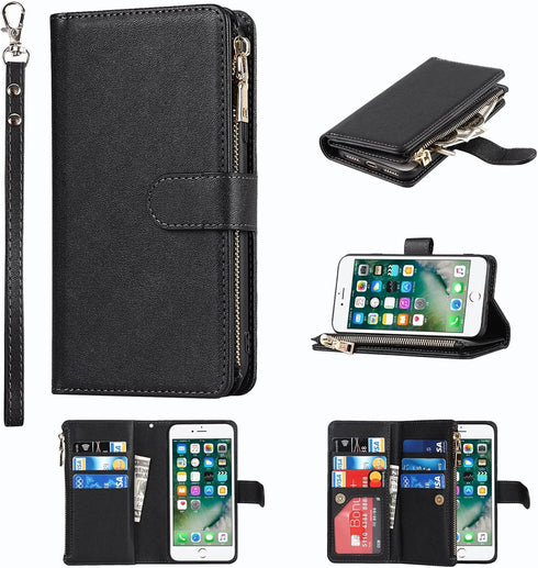 Jaorty Wallet Case Compatible with iPhone 7/8/iPhone SE 2nd 2020, 9 Card Slots, Wrist Strap, Stand Feature, Zipper Cash Pocket, Magnetic Leather C...