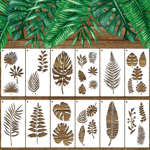 12 Pieces Tropical Fern Leaf Painting Stencils Large Reusable Palm Turtle Leaf Wall Stencil Flexible Botanical Leaves Template Set Crafts for Furn...