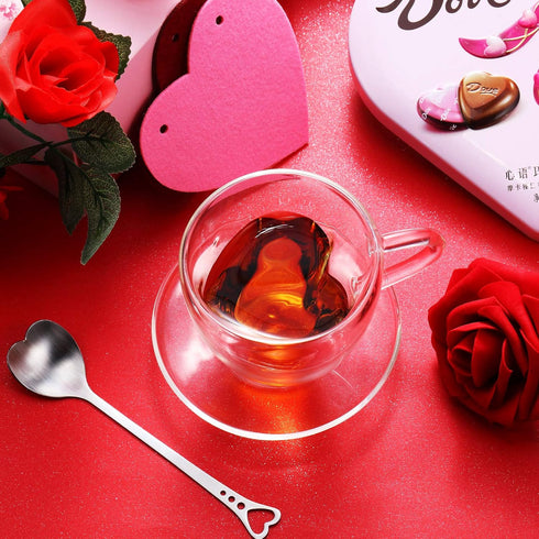 Patelai Heart Shaped Double Walled Glass Insulated Coffee Mug Clear Tea Cup 180 Ml, 6 oz Cappuccino Cup with Saucer and Heart Shaped Coffee Spoons...