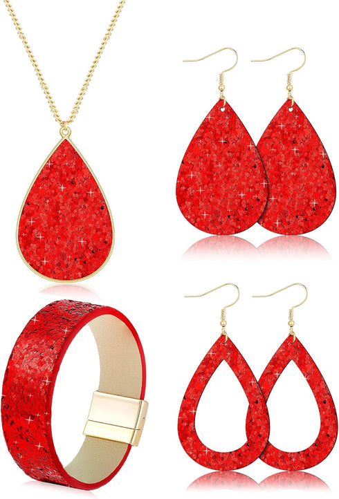 Hicarer Women's Glitter Jewelry Set, Include 2 Pieces Bridal Wedding Multi-Layer Bracelet 3 Pair Faux Leather Dangle Earrings 1 Piece Necklace for...