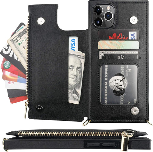 Bocasal Crossbody Wallet Case for iPhone 11 Pro Max with Card Holder,Zipper Card Slot Protector Shockproof Purse Cover with Removable Cross Body S...