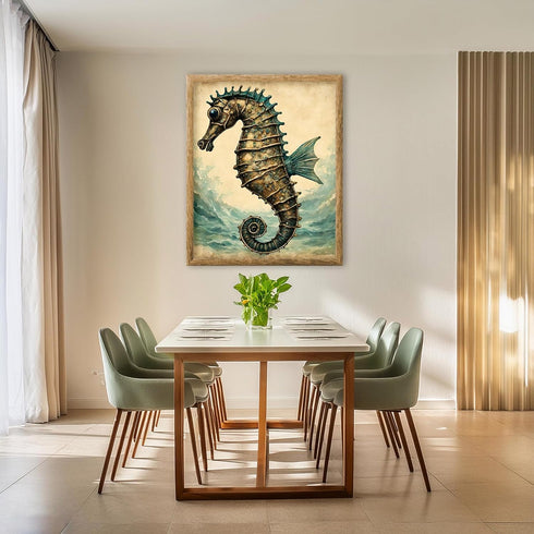 Posterizer 1 pcs-cute seahorse with retro chic background 2-Coastal & Nautical Art-Gift for Nature, Surfers and Beach Lovers -Decor for Beach Hous...