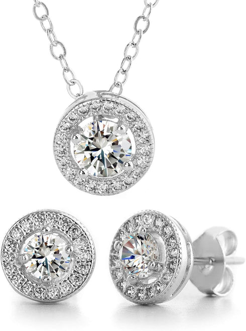 Women's Earrings - 925 Sterling Sliver Art Deco Bridal Wedding Halo Crystal Stud Earrings and Pendant Necklace Set...