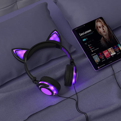 Kids Headphones with light up cat ears On Ear LED Kitty Headphones with Mic for Kids Boys Girls Children Wired Headset for School Learning Tablet ...