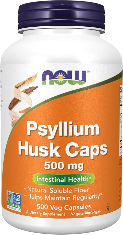 NOW Supplements, Psyllium Husk Caps 500 mg, Non-GMO Project Verified, Natural Soluble Fiber, Intestinal Health*, 500 Veg Capsules...