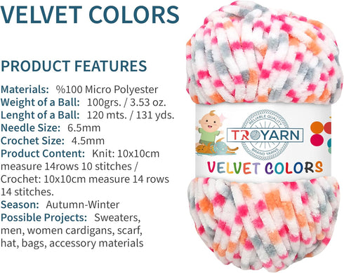 Velvet Colors (3- Skeins Pack) Chenille Blanket Amigurumi Yarn for Crocheting and Knitting Super Bulky 3x100 gr (3x131 yds) (10221)......