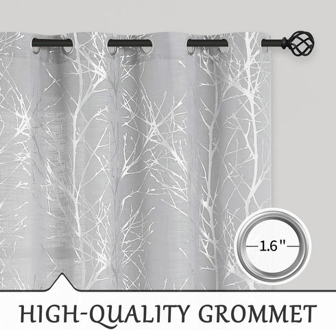 FMFUNCTEX Linen Semi Sheer Curtains for Bedroom and Living Room - Silver Foil 63 Inches Long, Metallic Print Grey Tree Panel for Windows, Light Fi...