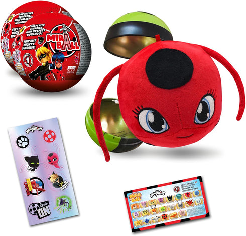 Miraculous Ladybug, 4-1 Surprise Miraball, 2 Pack, Toys for Kids with Collectible Character Metal Ball, Kwami Plush, Glittery Stickers and White R...