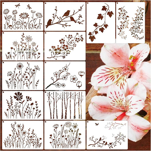 Wildflower Stencils for Painting on Wood, Vine Cherry Blossom Bird Tree Leaf Stencils for Crafts Reusable Wood Burning Drawing Art Paint Stencils ...