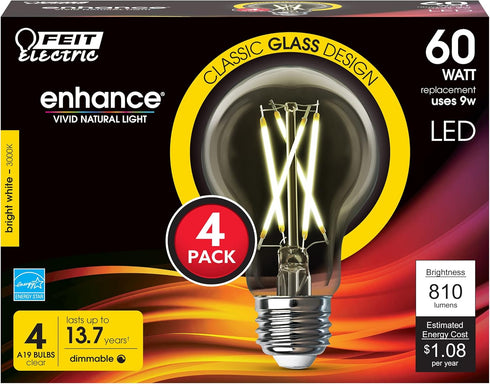 Feit Electric LED Clear A19 Medium Base Light Bulb - 60W Equivalent - 15 Year Life - 810 Lumen - 3000K Bright White - Dimmable | 4-Pack...