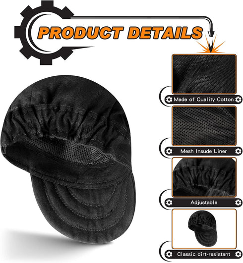 3 Pcs Welding Caps Welding Hats for Men Flame Resistant Cotton Welders Caps Mesh Inside Liner Welding Helmet Beanie Elastic Low Crown Hat for Elec...