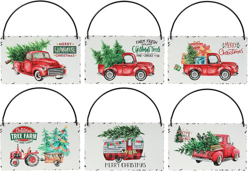 Rustic Red Truck Christmas Ornaments Set of 6,Farmhouse Enamel Hanging Signs for Christmas Tree Decorations Home Holiday Decor...