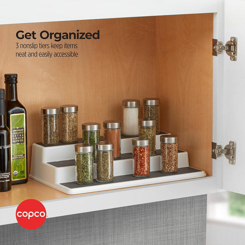 Copco 3-Tier Non-Skid Spice Rack Organizer for Kitchen Cabinet or Pantry, 15-Inch Tiered Shelf, White/Gray, Slip-Resistant Design for Jars and Bot...