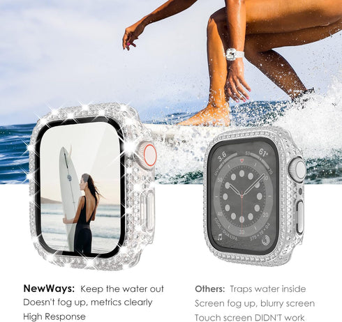 NewWays 2-Pack 2 in 1 Waterproof Bling Case for Apple Watch 40mm Screen Protector, Full Glitter Diamond Rhinestone Protective Bumper Face Cover fo...