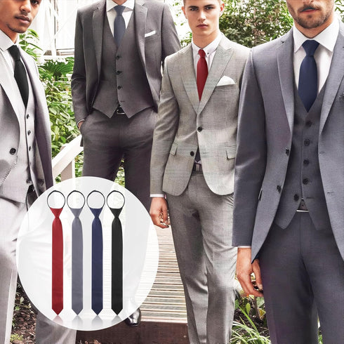 4 pc 3-in-1 Pre-tied Shirt Ties for Men - Black Solid Uniform with Zipper - Formal Adjustable Neck Strap Necktie...