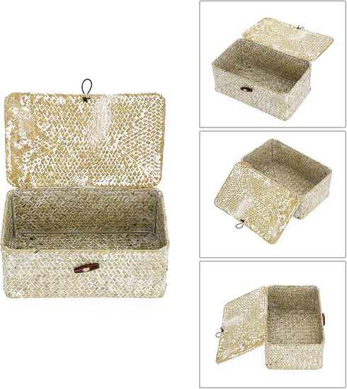 Hipiwe Wicker Shelf Baskets Bin with Lid Natural Seagrass Basket Storage Boxes Small Woven Basket Multipurpose Home Organizer Bins Box for Shelf C...