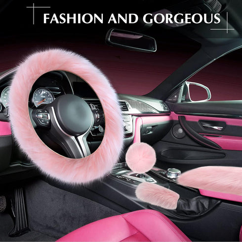 6 Pieces Fluffy Steering Wheel Covers Winter Wool Fur Handbrake Cover Warm Gear Steering Wheel Cover Console Seat Belt Shoulder Pads Accessories F...