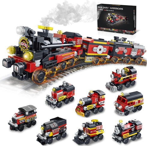 Transforming Train Building Block Toys for Boys Girls Aged 6-12.Steam Train or 8 Locomotive Models or Train Warrior Robot.Wheeled Train Toys.8in2 ...