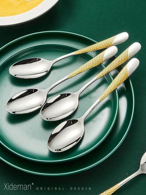 Xideman® Premium 6 Piece Silver Gold Dinner Spoon with Hammered, 18/10 Stainless Steel Fine Soup Spoon, 7.95" Golden Tablespoons for Home, Kitchen...