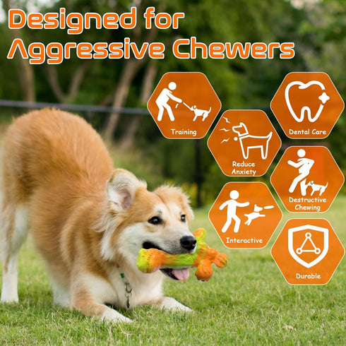Dog Toys, 3 Pack Indestructible Tough Dog Chew Toys for Aggressive Chewers, Nylon Dog Bones Toys with Bacon Flavor Dinosaur Teething Chew Toys for...