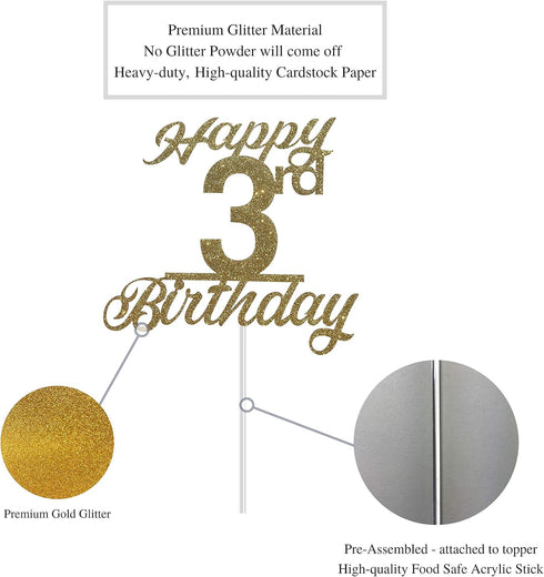 3rd Birthday Cake Topper, Birthday Party Decorations with Premium Gold Glitter...