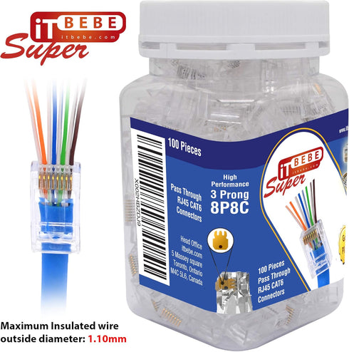 ITBEBE 100-Pack RJ45 Cat6 Pass Through Connectors – High Performance Cat6 Connector (RJ45 Connectors/Ethernet Connector / Cat6 Connectors / 8P8C /...