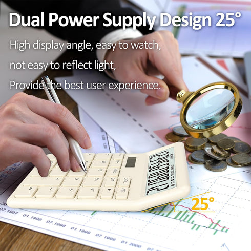 Standard Calculator 12 Digit,Beige Desktop Dual Power Battery and Solar,Desk Calculators with Large LCD Display,Perfect for Home, Office,and Schoo...