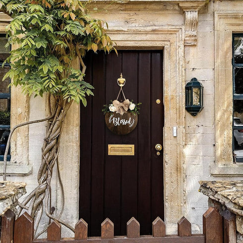Blessed Farmhouse Welcome Sign, Round Wood Hanging Door Decor with Ribbon Bow and Artificial Greenery, Rustic Front Porch Wreath for Thanksgiving,...