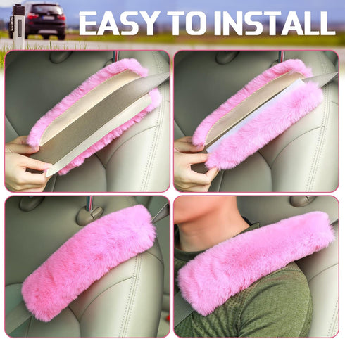 Boao 4 Pack Faux Sheepskin Car Seat Belt Pads Seatbelt Protector Soft Seat Belt Shoulder Strap Cover Comfort Harness Pad(Pink, 9.9 Inch)...