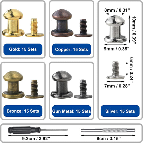 YORANYO 75 Sets 8MM Round Head Button Stud for Leather Chicago Screws Spikes and Stud Leather Rivets Screws Button Rivets for Repair and Decorate ...