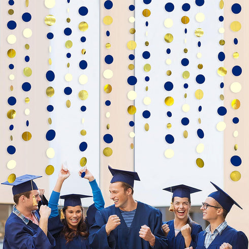 46 Ft Navy Blue and Gold Circle Dots Garland Royal Blue Hanging Paper Polka Dot Streamer for Birthday Wedding Bridal Baby Shower Graduations Nauti...