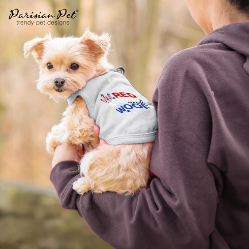 Parisian Pet Dog T-Shirt - Embroidered Red White and Woof 100% Cotton, Breathable Dog Clothes - Grey Sleeveless Pet Vest - Machine Washable Dog Sh...