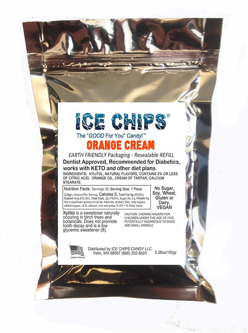 ICE CHIPS Xylitol Candy in Large 5.28 oz Resealable Pouch; Low Carb & Gluten Free (Orange Cream)...