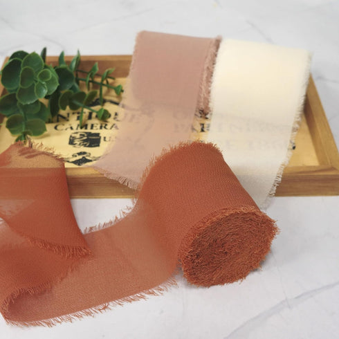 CT CRAFT LLC Frayed Chiffon Ribbon 2 inch x 8 Yards x 3 Rolls Ivory Peach Terracotta for Christmas Home Decor Gift Wrapping DIY Crafts Wedding Inv...