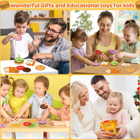 Montessori Toys for 2, 3, 4, 5, Year Old, Wooden Burger Stacking Toys, Fine Motor Toys for Kids Boys Girls, Ideal Preschool Educational and Learni...