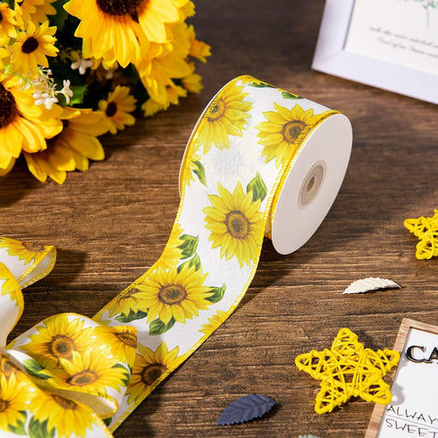Whaline Summer Sunflower Wired Edge Ribbon 10 Yard x 2.5 Inch Spring Summer Flower Ribbon Farmhouse Fabric Decorative Craft Ribbon Roll for Gift W...